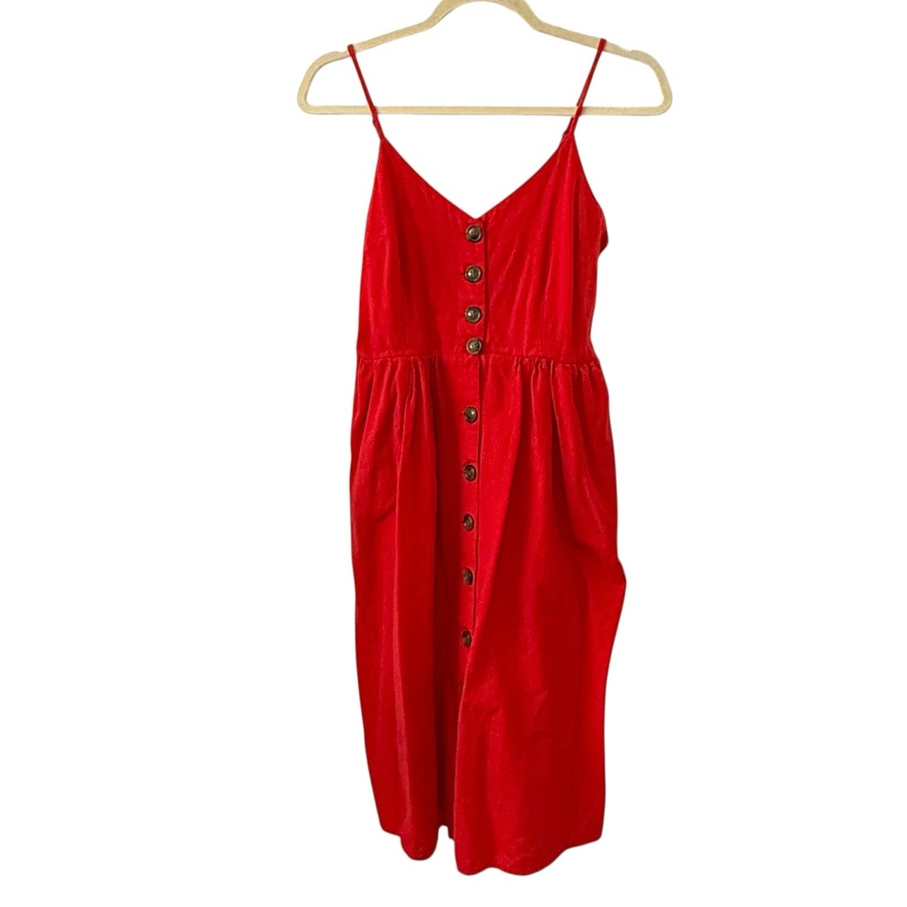 Japna Medium Button Front Red Cotton Sundress Pockets Midi Dress